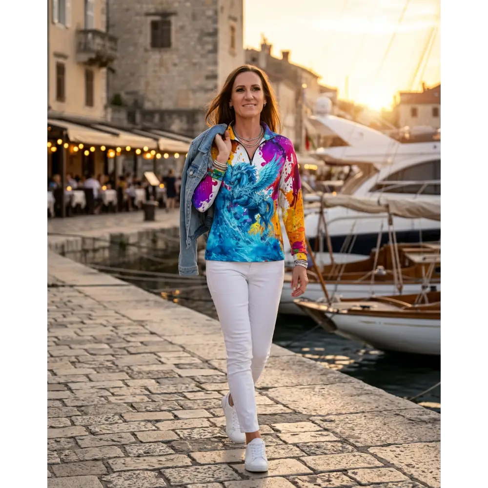 Vibrant multicolored long-sleeved performance equestrian sun shirt with dragon design and upf 50+ protection