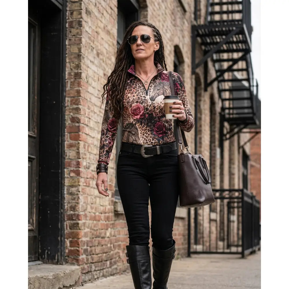 A woman wearing karen reinertson rosae equiferus equestrian sun shirt with leopard rose print black pants and boots