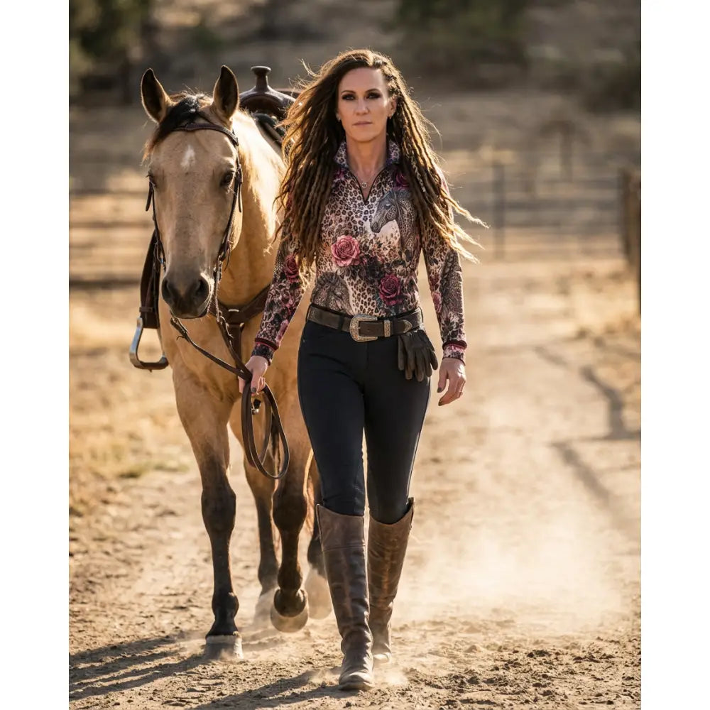 A woman wearing a rosae equiferus leopard rose horse print equestrian sun shirt by karen reinertson with black riding pants and brown boots