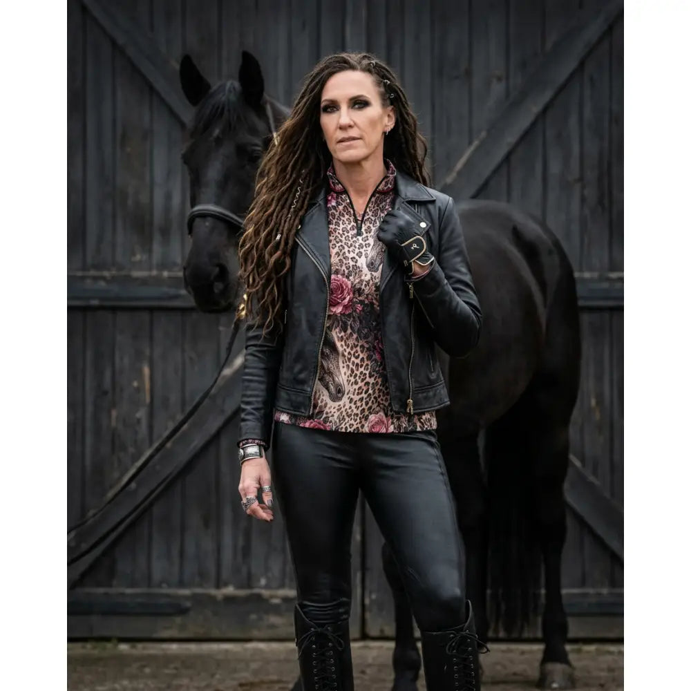 Black leather biker jacket with zipper closure and snap buttons featured with rosae equiferus equestrian sun style