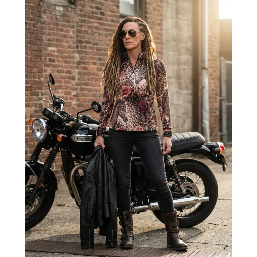 A woman wearing a rosae equiferus leopard rose horse print equestrian sun shirt paired with black pants and brown boots