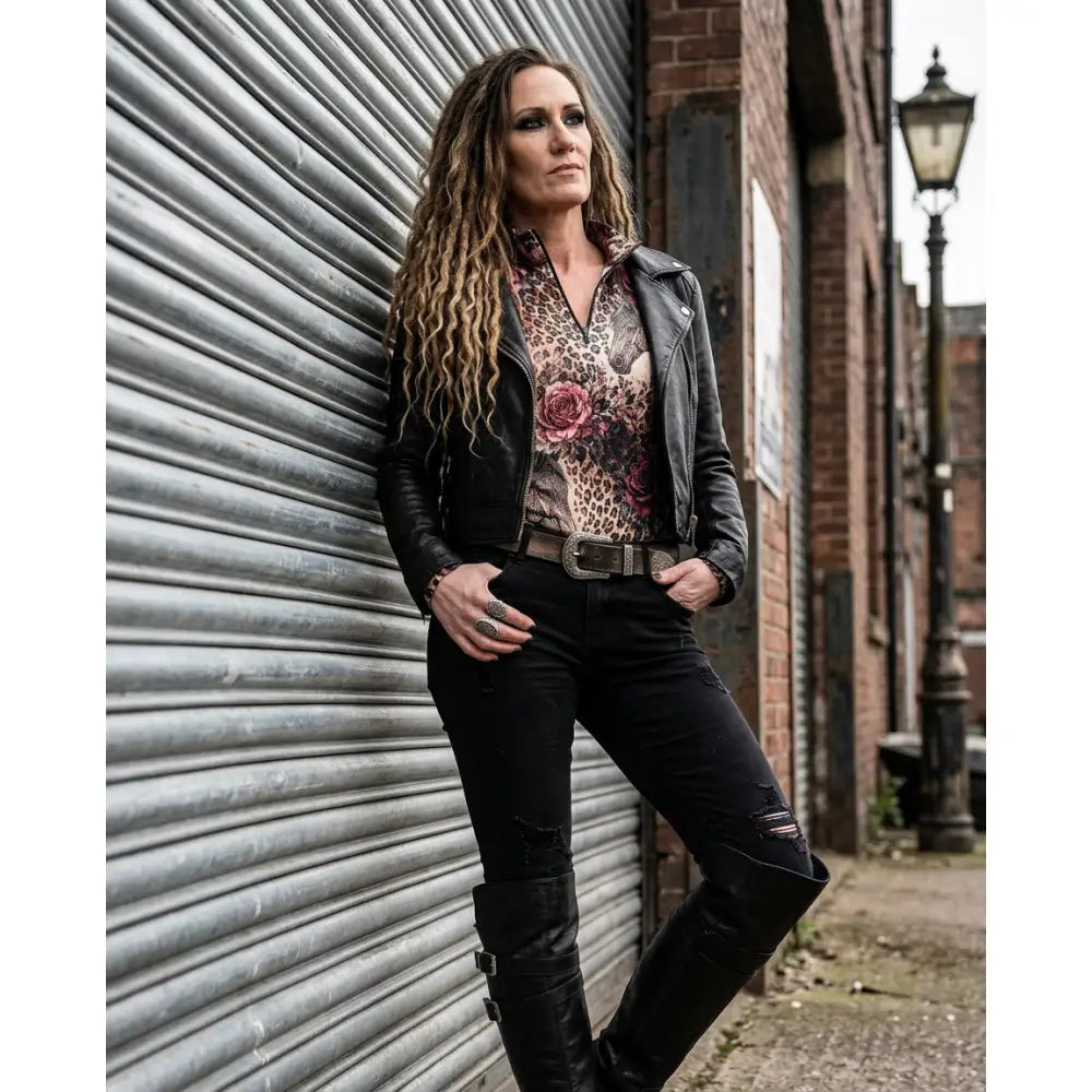 Black leather motorcycle jacket with textured matte finish and subtle stitching details by karen reinertson rosae equiferus