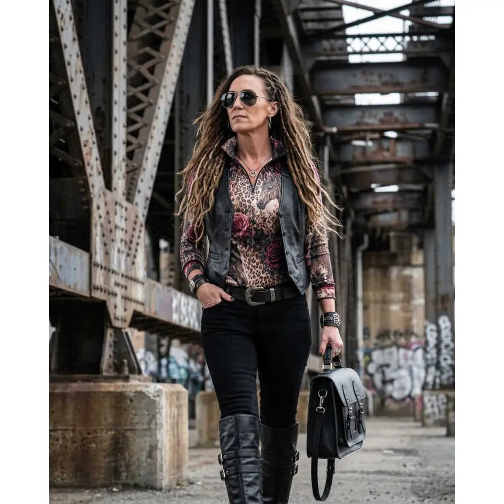 Black leather satchel with silver hardware and top handle by karen reinertson complements rosae equiferus equestrian sun wear
