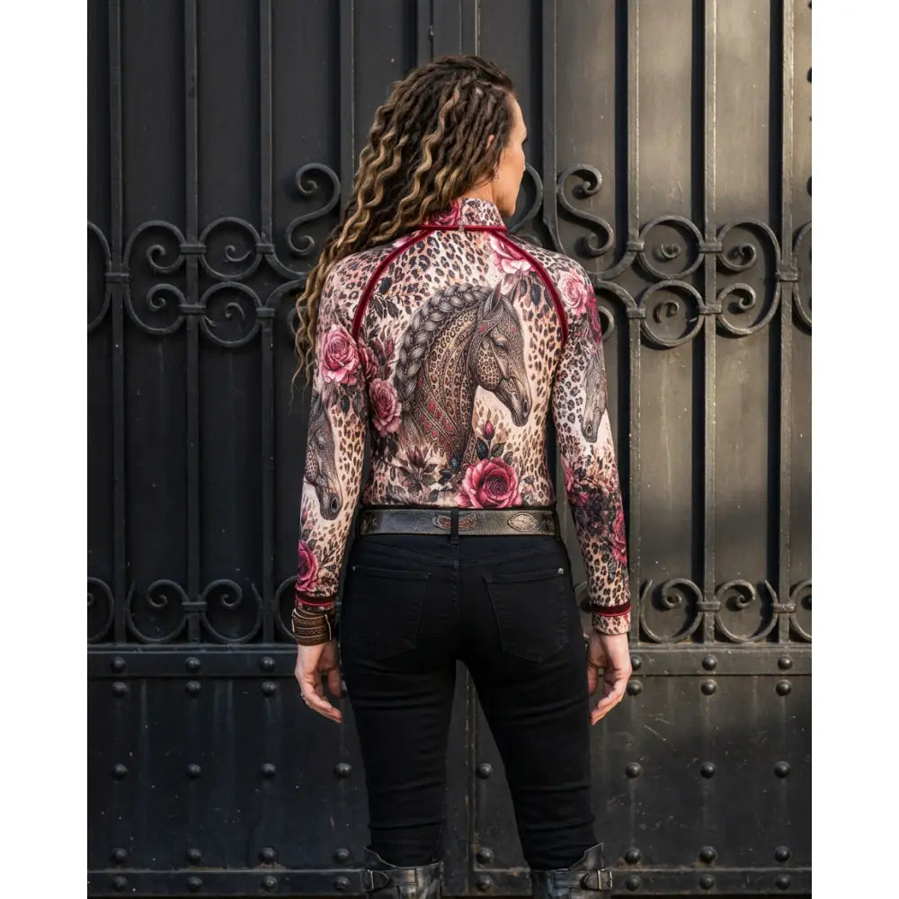 Rosae equiferus long-sleeved equestrian sun shirt with high neck leopard rose horse print by Karen Reinertson