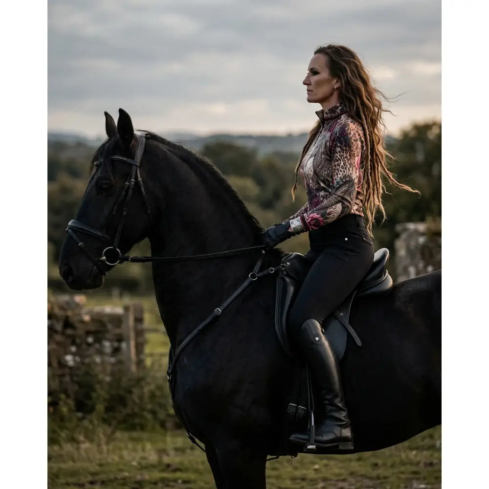 A woman wearing the rosae equiferus equestrian sun shirt in leopard print rides a dark horse with polished leather tack