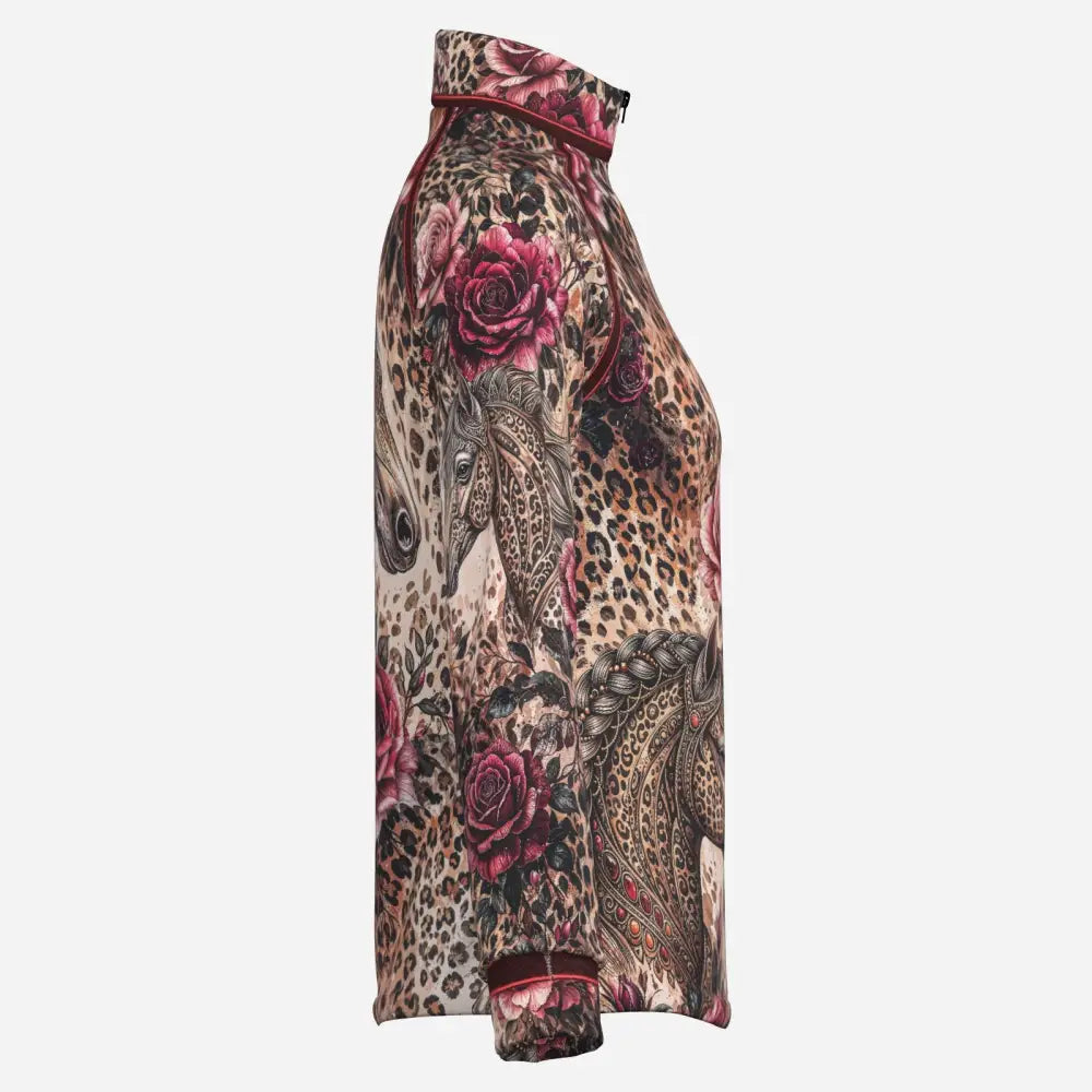A high-necked, long-sleeved rosae equiferus UPF50+ sun shirt in silk-like fabric with leopard, roses, and horse prints