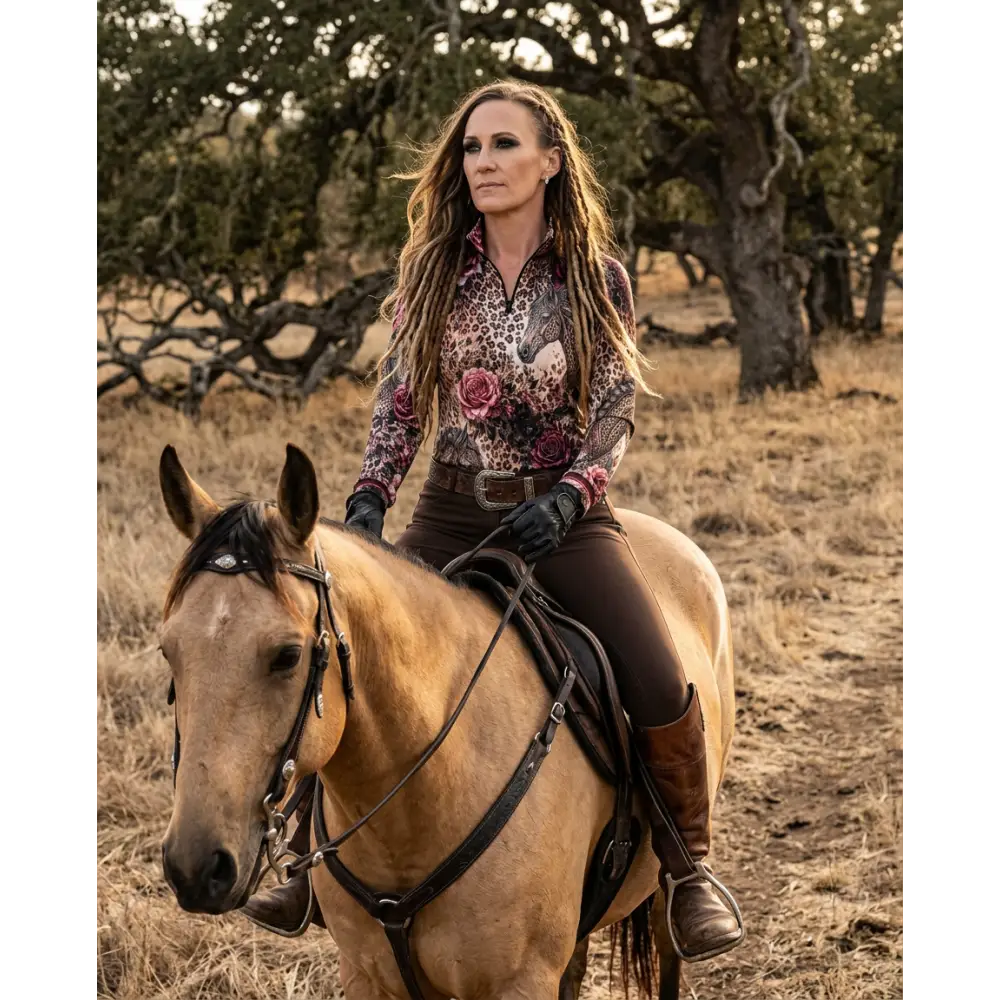 A woman rides a light brown horse wearing a rosae equiferus leopard print upf50+ equestrian sun shirt