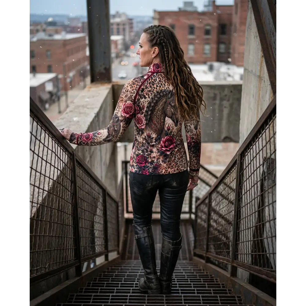 A woman wears a long-sleeved leopard print rosae equiferus upf50+ equestrian sun shirt with rose and dragon design