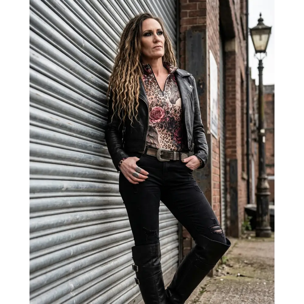 Black leather motorcycle jacket with textured matte finish and subtle stitching details for equestrian sun protection