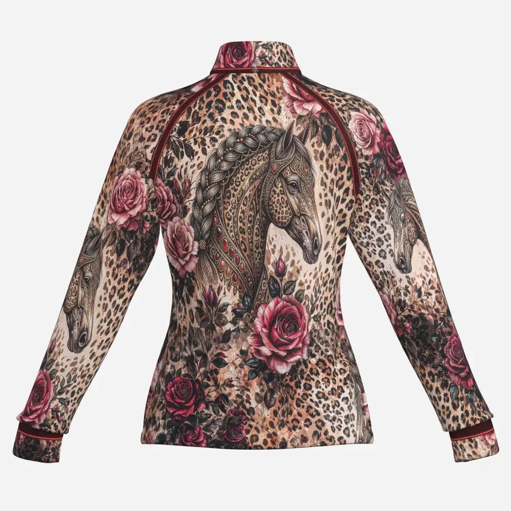 Rosa equiferus upf50 equestrian sun shirt long-sleeved jacket with leopard print horse heads pink roses and maroon trim