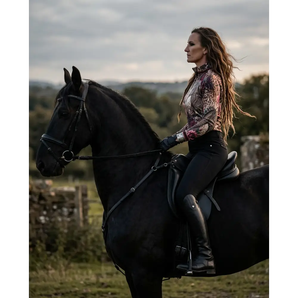 A woman wears a leopard-print rosae equiferus upf50+ equestrian sun shirt riding a dark horse with polished leather tack