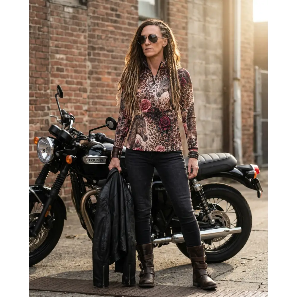 A woman wearing a leopard print rosae equiferus upf50+ equestrian sun shirt with rose and horse motifs