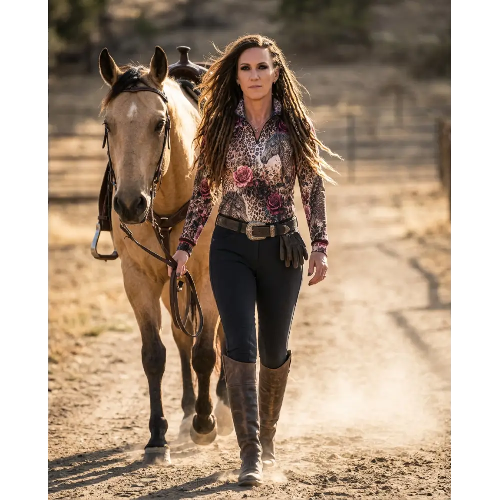 A woman wearing a long-sleeved leopard print rosae equiferus upf50 plus equestrian sun shirt with black pants