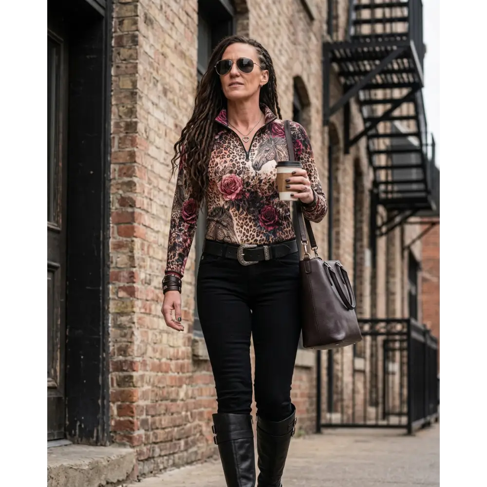 A woman wearing a rose and leopard print rosae equiferus upf50+ equestrian sun shirt with black pants and knee-high boots