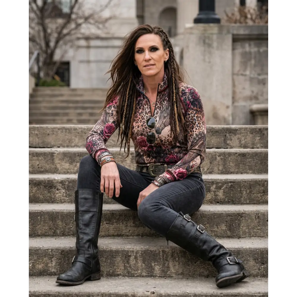 Black leather knee-high boots with silver buckle details for riding paired with rosae equiferus upf50 equestrian sun shirt