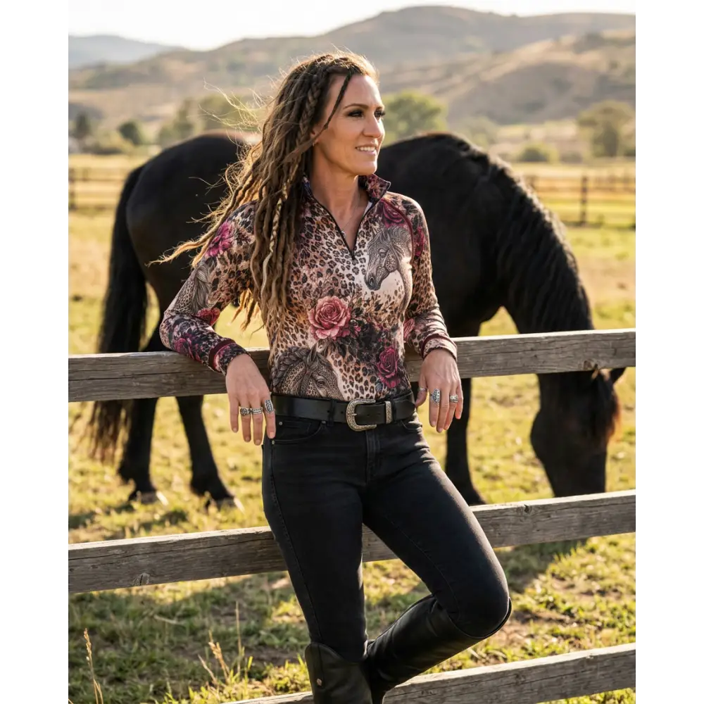 A woman wears a rosae equiferus upf50 plus equestrian sun shirt with leopard print floral and horse motifs in pink and brown