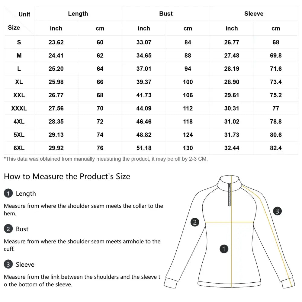 Size chart for rosae equiferus upf50+ long-sleeved high-neck zip-up equestrian sun shirt with measurements s to 6xl