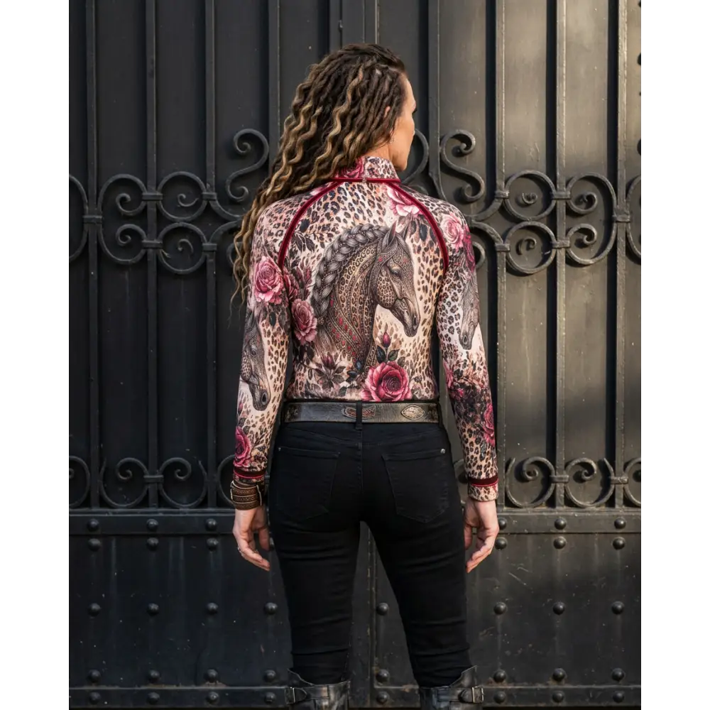 Long-sleeved high-neck rosae equiferus upf50 equestrian sun shirt with horse and rose tattoo design on leopard print base