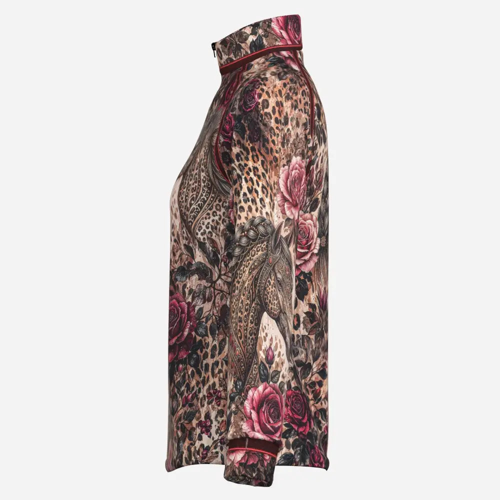 A high-necked long-sleeved rosae equiferus upf50+ equestrian sun shirt with leopard spots and pink roses on beige