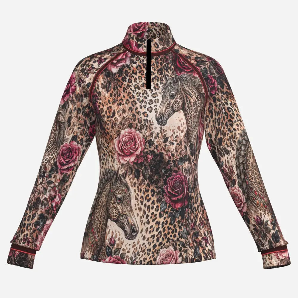 A long-sleeved high-necked upf50 equestrian sun shirt with leopard print and burgundy horse and pink rose illustrations