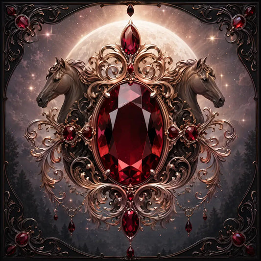 Ruby edition custom equine story portrait featuring a large oval ruby in gold filigree with horse heads and red gemstones for animal companions and personal-use print license