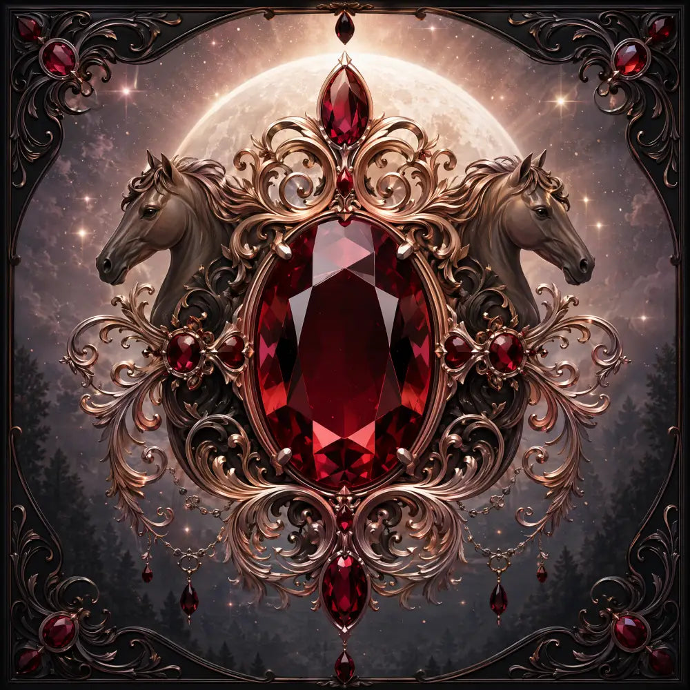 Ruby Edition story portrait featuring a large oval ruby in an ornate gold filigree frame with horse head accents