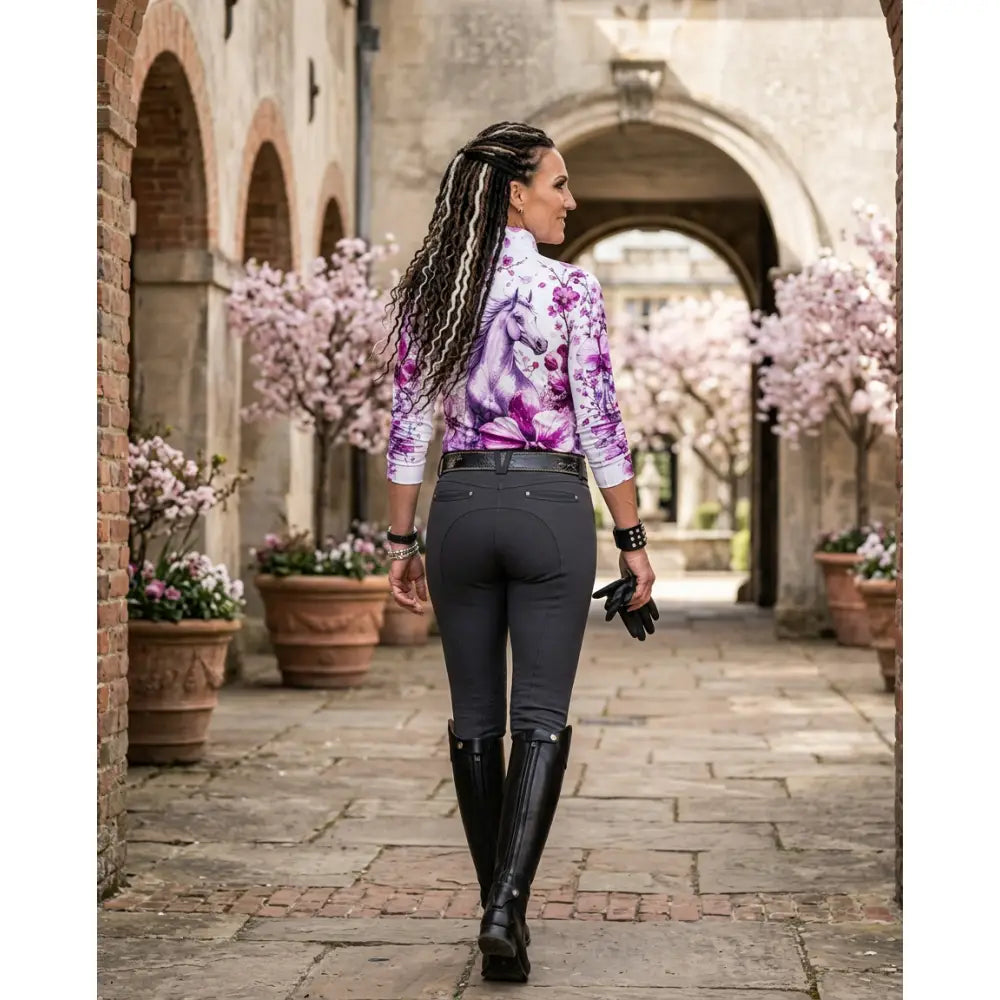 Purple and white floral-patterned sakura wildheart equestrian sun shirt with horse design and upf50 plus protection by karen reinertson