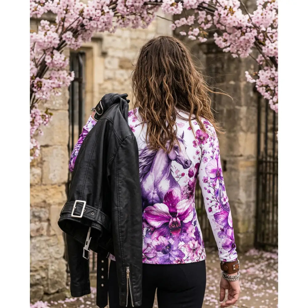 A vibrant purple and pink sakura wildheart long-sleeve equestrian sun shirt with orchid cherry blossom horse print by karen reinertson
