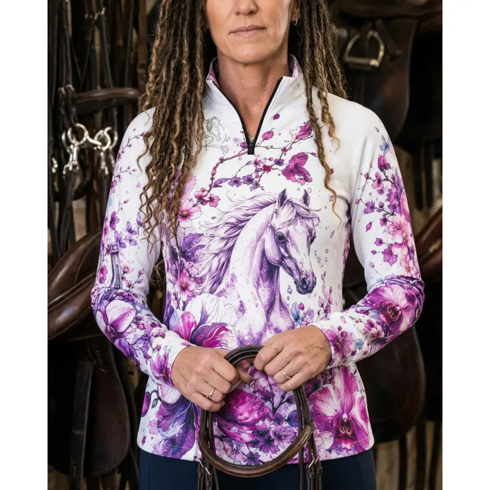 White and purple floral zip-up jacket with a white horse design by karen reinertson sakura wildheart sun shirt