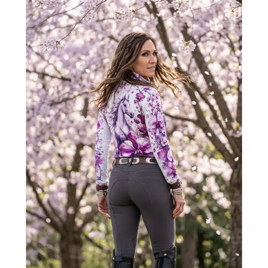 Purple and white floral patterned long sleeve equestrian shirt with horse design sakura wildheart by karen reinertson