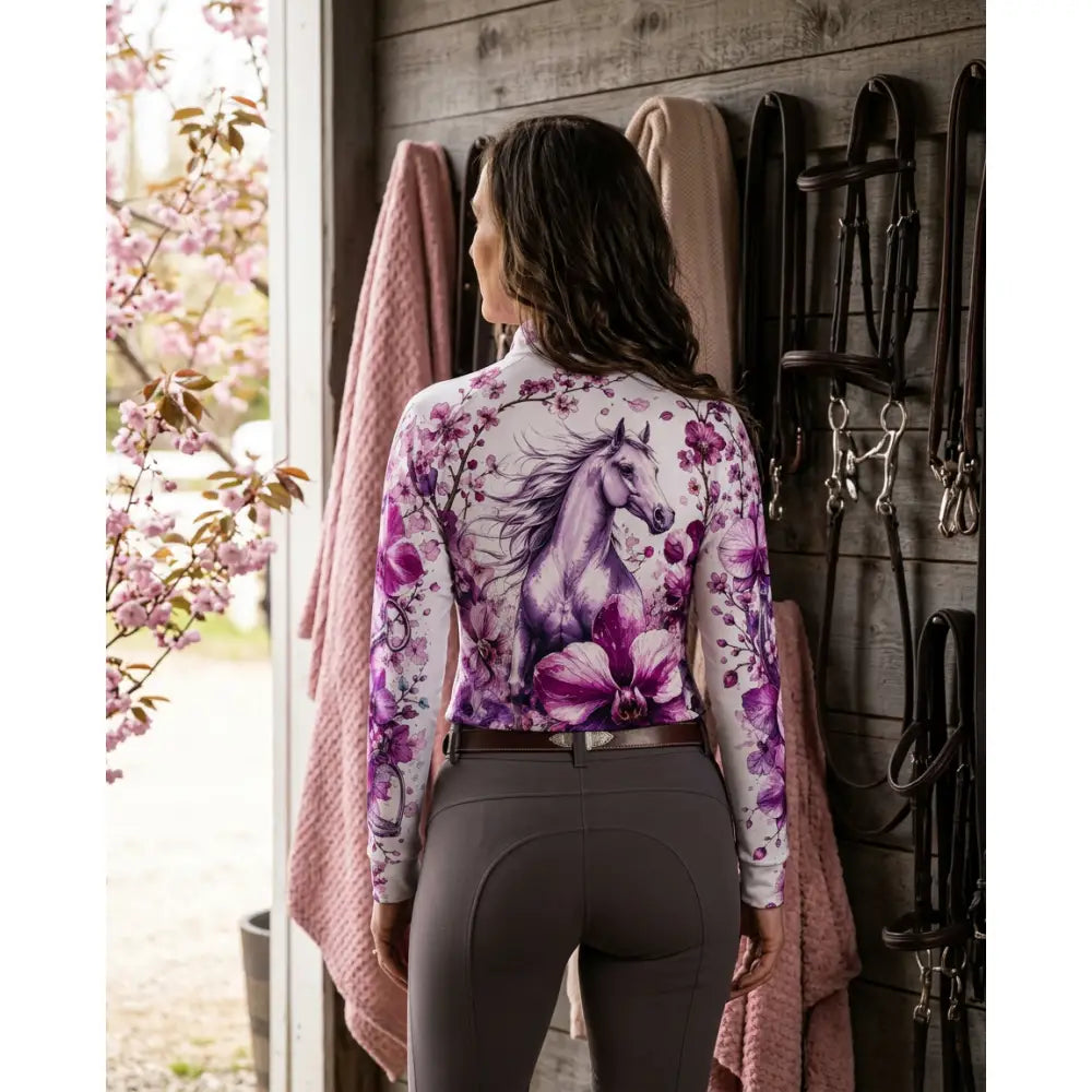 Purple and white long-sleeved equestrian top with orchid horse and cherry blossom design sakura wildheart by karen reinertson