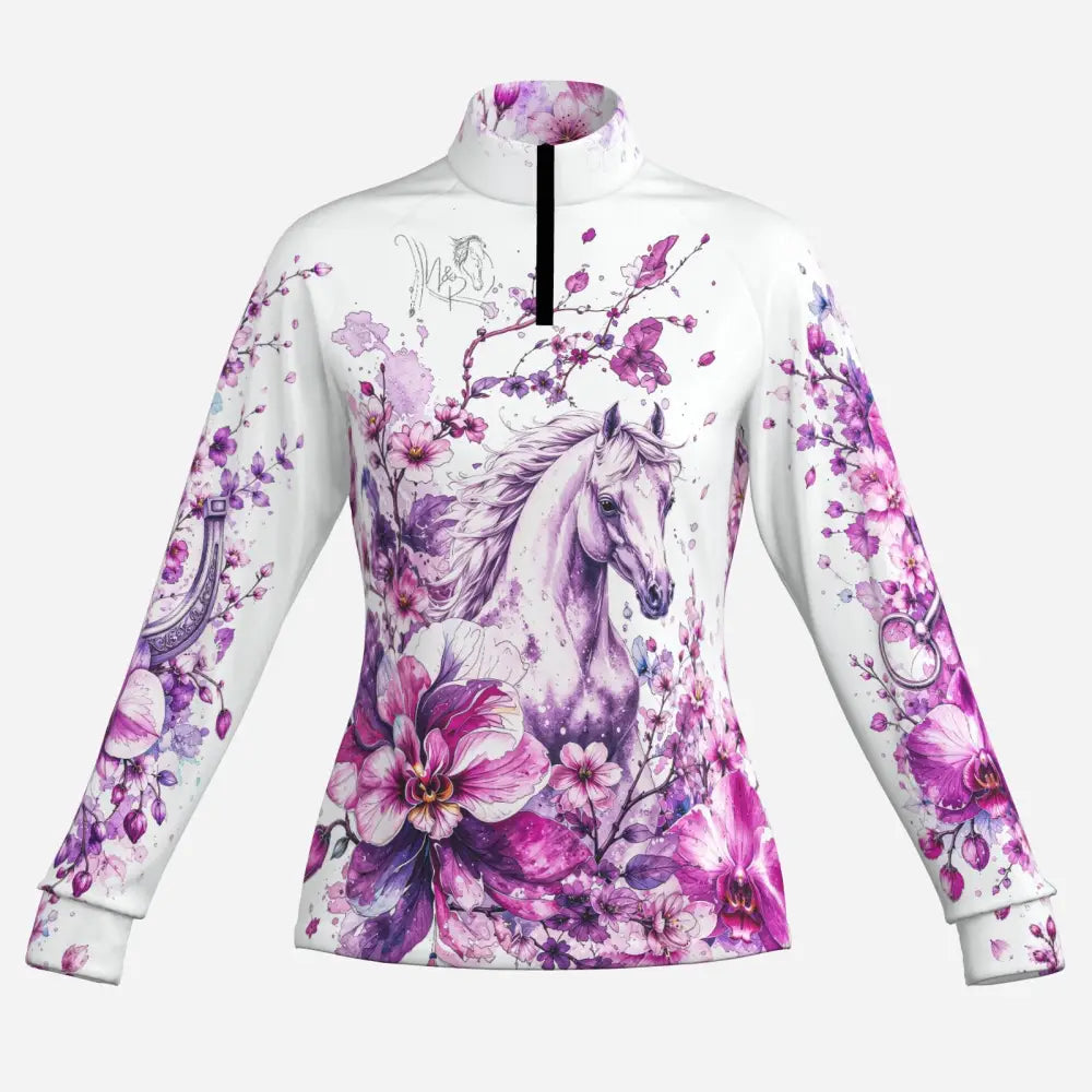 A white long-sleeved zip-up equestrian sun shirt with purple pink floral design and horse illustration upf50 plus
