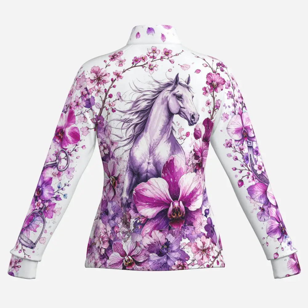 A white long-sleeved sakura wildheart equestrian sun shirt with a purple horse and floral watercolor print