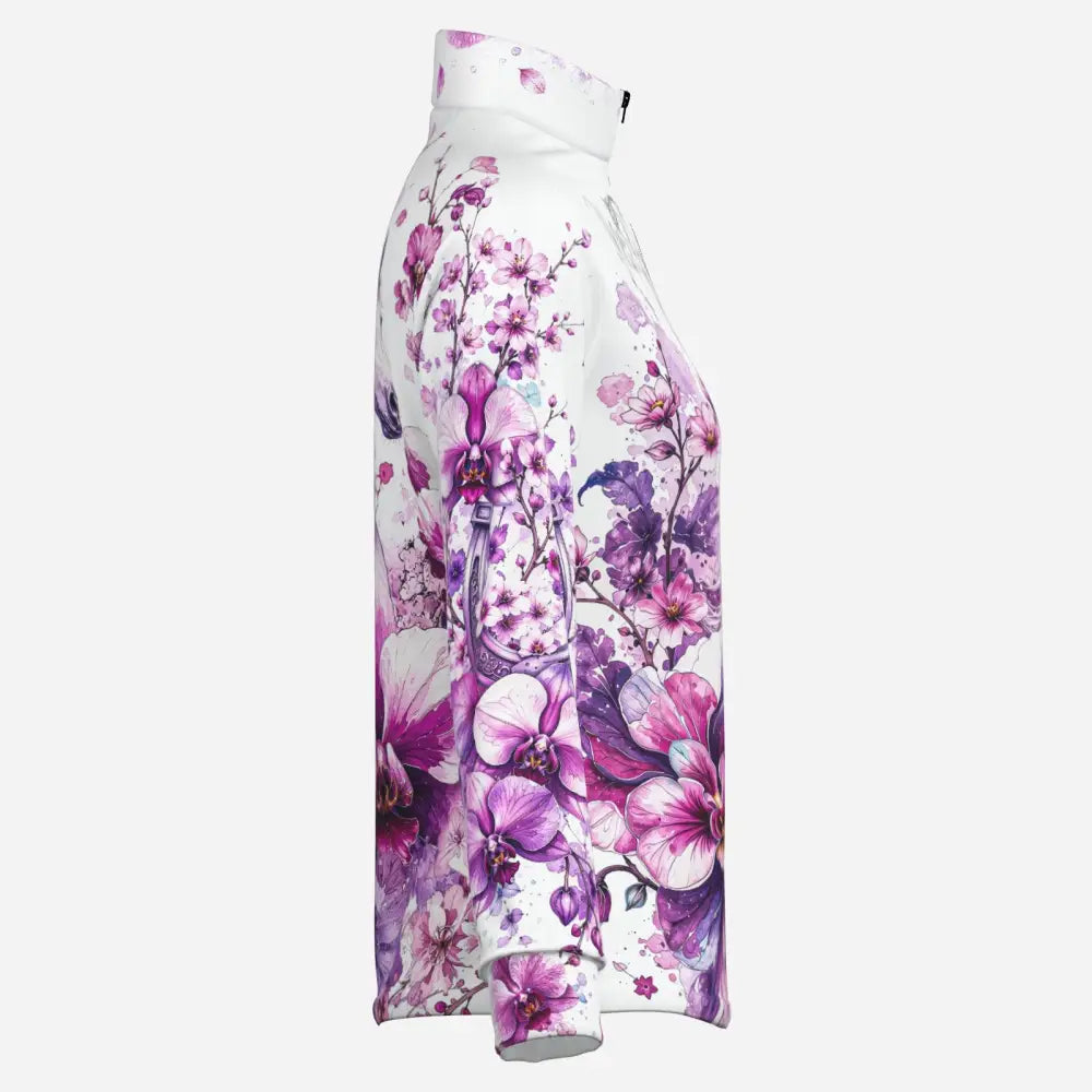 A white zip-up equestrian sun shirt with vibrant pink and purple floral pattern and UPF50 plus protection