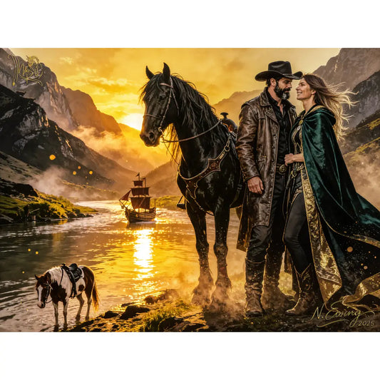 Sapphire edition custom equine digital portrait of a black horse with ornate harness in a fantasy portrait print license