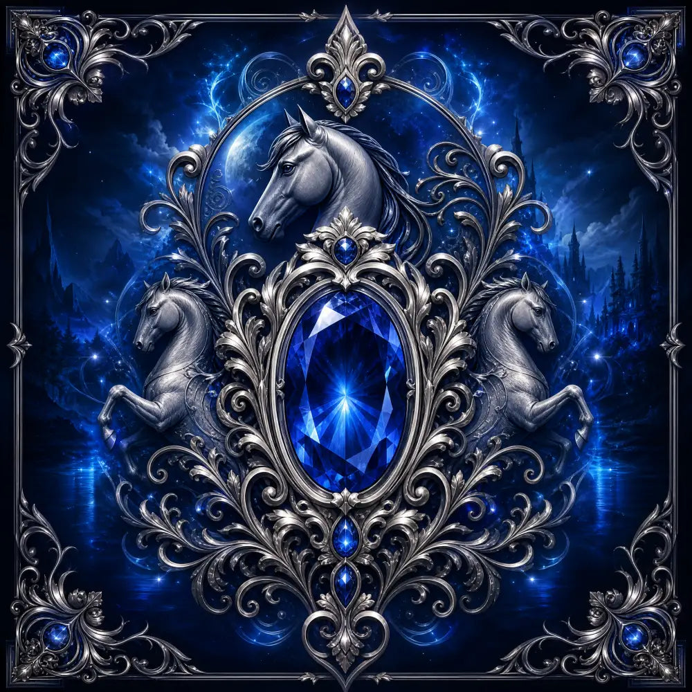 A sapphire edition custom cinematic fantasy equine portrait featuring a blue gemstone and silver filigree frame for personal-use print license