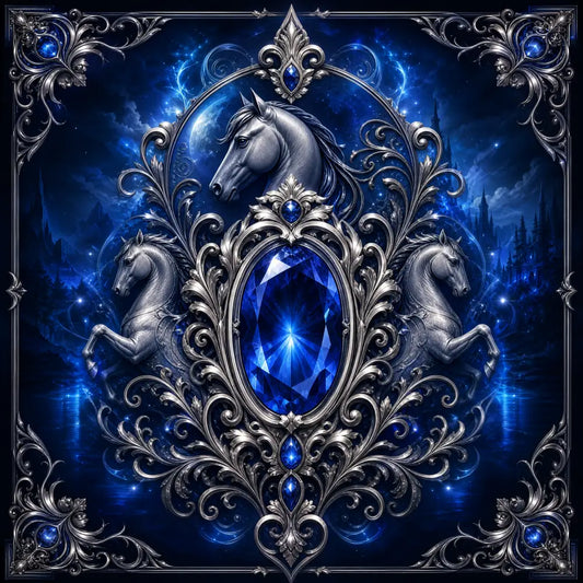 A sapphire edition custom cinematic fantasy equine portrait featuring a blue gemstone and silver filigree frame for personal-use print license