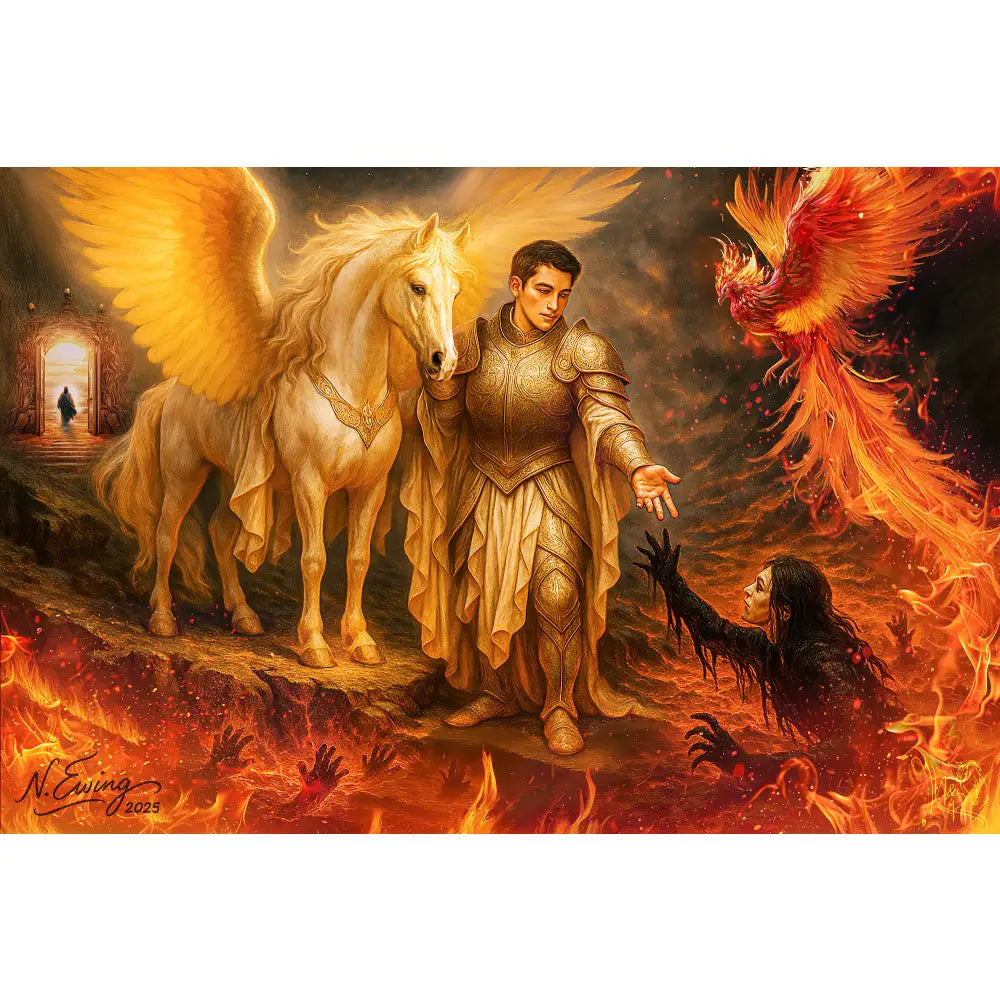 Golden armored knight beside white winged horse in fiery landscape fantasy portrait custom cinematic fantasy print license