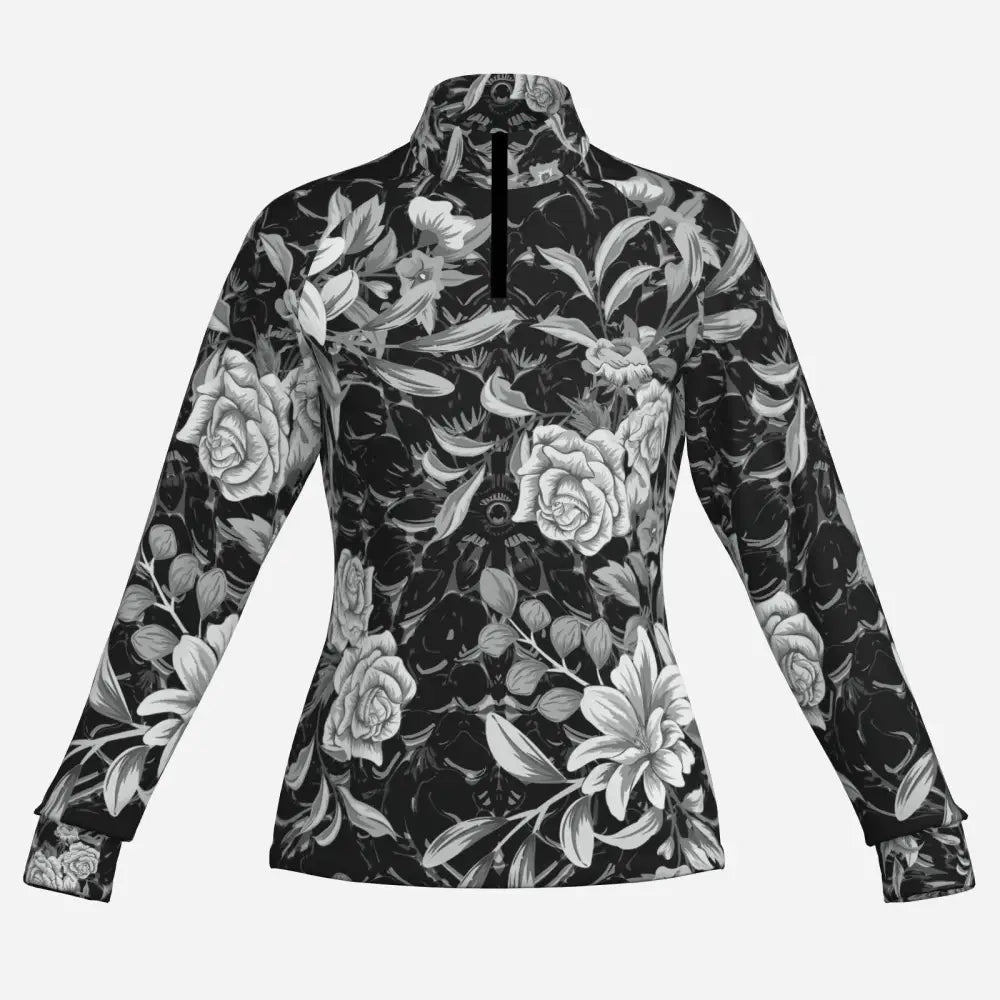 Black long-sleeved zip-up equestrian sun shirt with monochrome floral pattern in shadow bloom performance cooling fabric