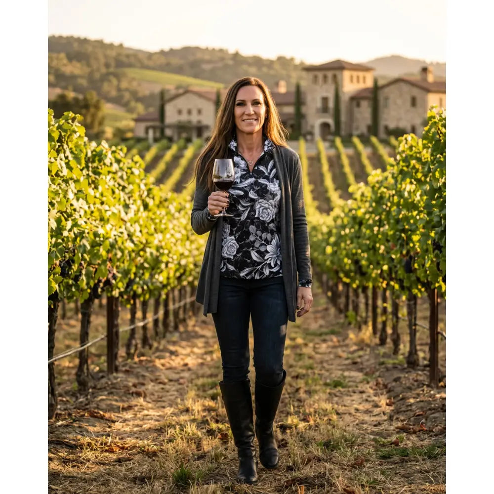 Woman walking through vineyard in shadow bloom performance equestrian sun shirt with cooling fabric and monochrome floral print