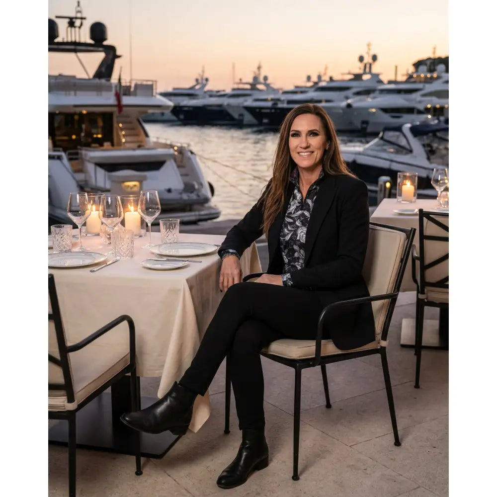 Woman in black blazer wearing shadow bloom performance dark floral print equestrian sun shirt with cooling fabric outdoors