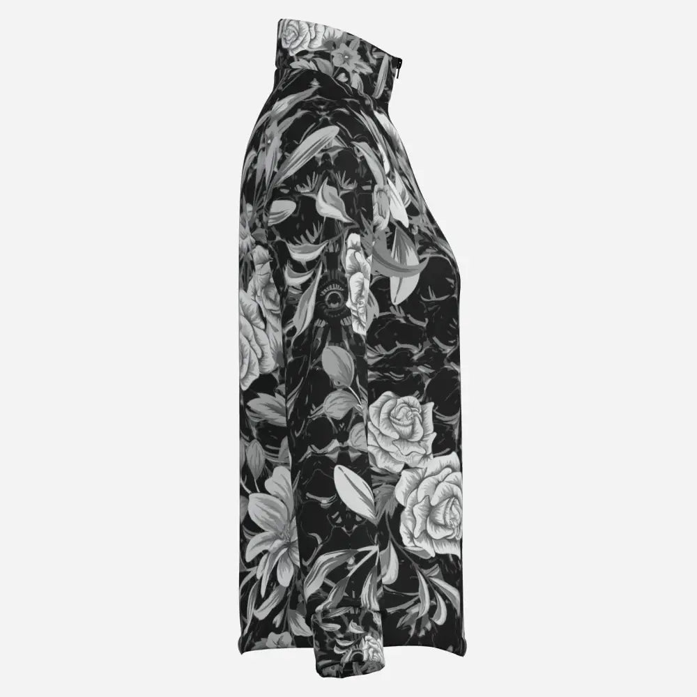 Black high-neck shadow bloom performance blouse with monochrome floral vintage print cooling fabric upf50+ sun shirt