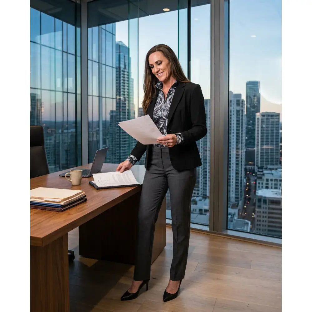 Woman in black blazer and gray trousers stands by a desk wearing shadow bloom performance dark floral print equestrian sun shirt with cooling fabric and monochrome floral design