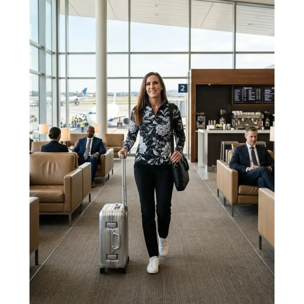 Silver hard-shell suitcase with retractable handle and black wheels paired with shadow bloom performance sun shirt