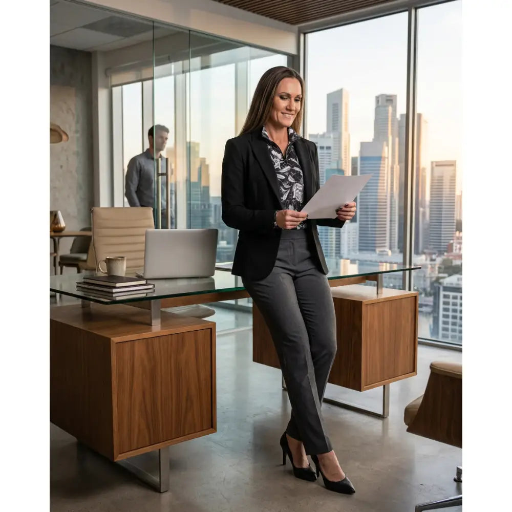 Black blazer paired with a shadow bloom performance dark floral print blouse made of cooling fabric with monochrome floral design