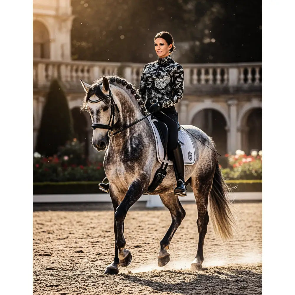 A dapple gray horse wearing shadow bloom performance equestrian sun shirt in monochrome floral cooling fabric