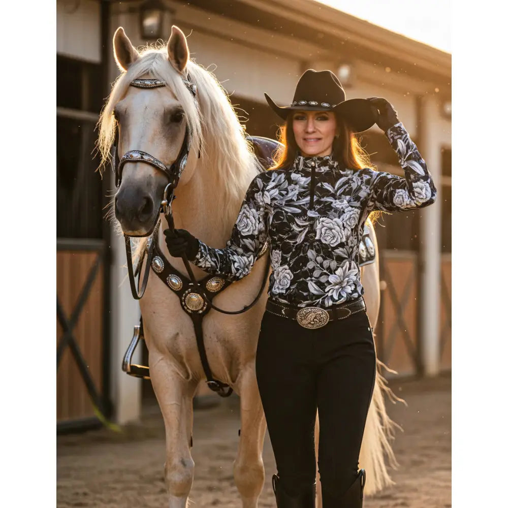 Black and white shadow bloom performance long-sleeved riding shirt with monochrome floral print and cooling fabric