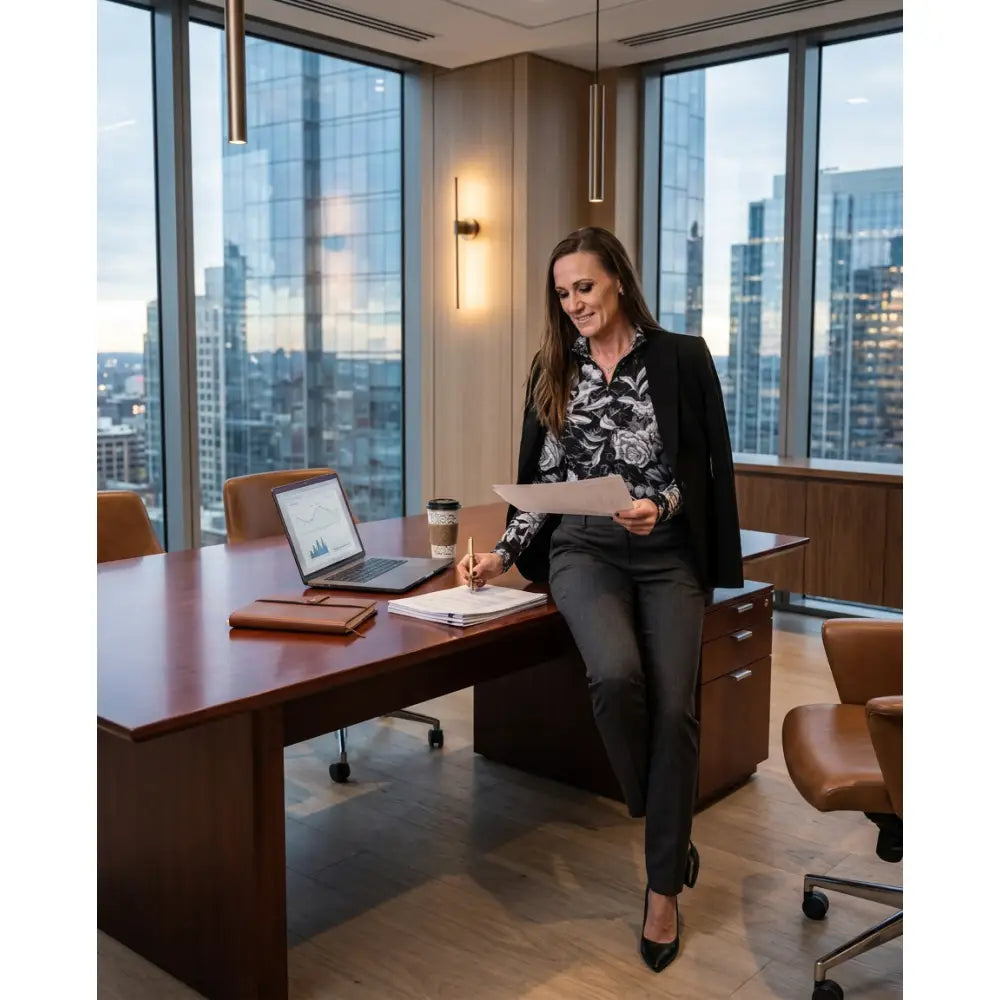 Woman in shadow bloom performance dark floral print equestrian sun shirt with cooling fabric sitting at wooden desk