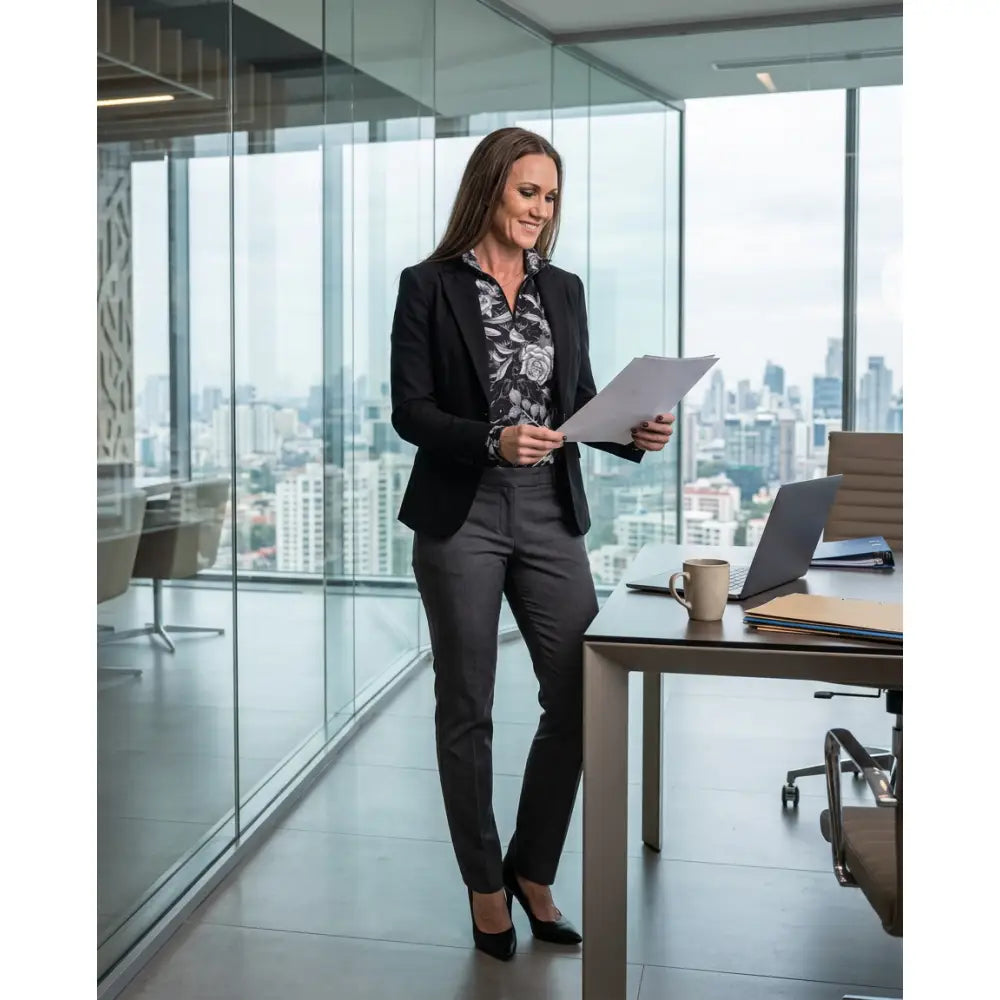 Woman wearing shadow bloom performance equestrian sun shirt with cooling fabric and monochrome floral print holds papers
