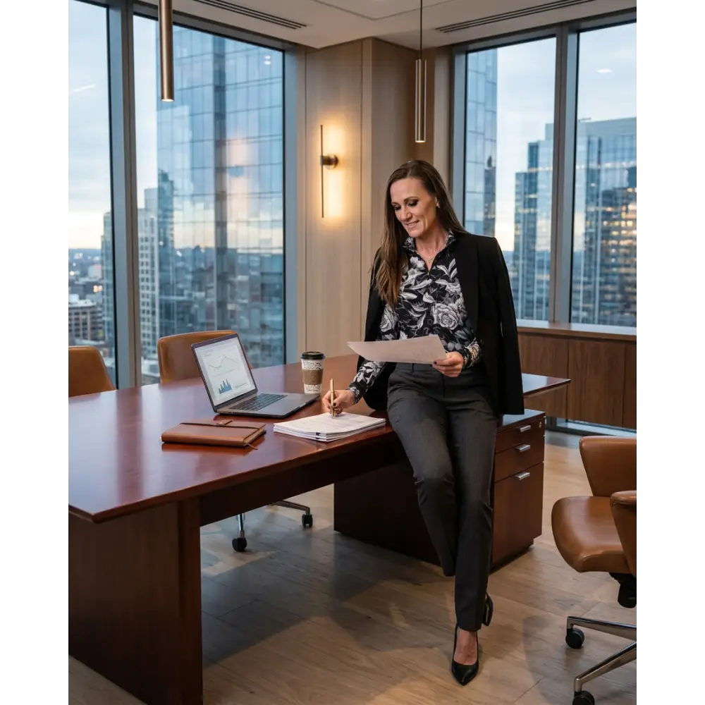 Woman wearing black blazer and floral blouse sitting at wooden desk in shadow bloom performance equestrian sun shirt upf50+